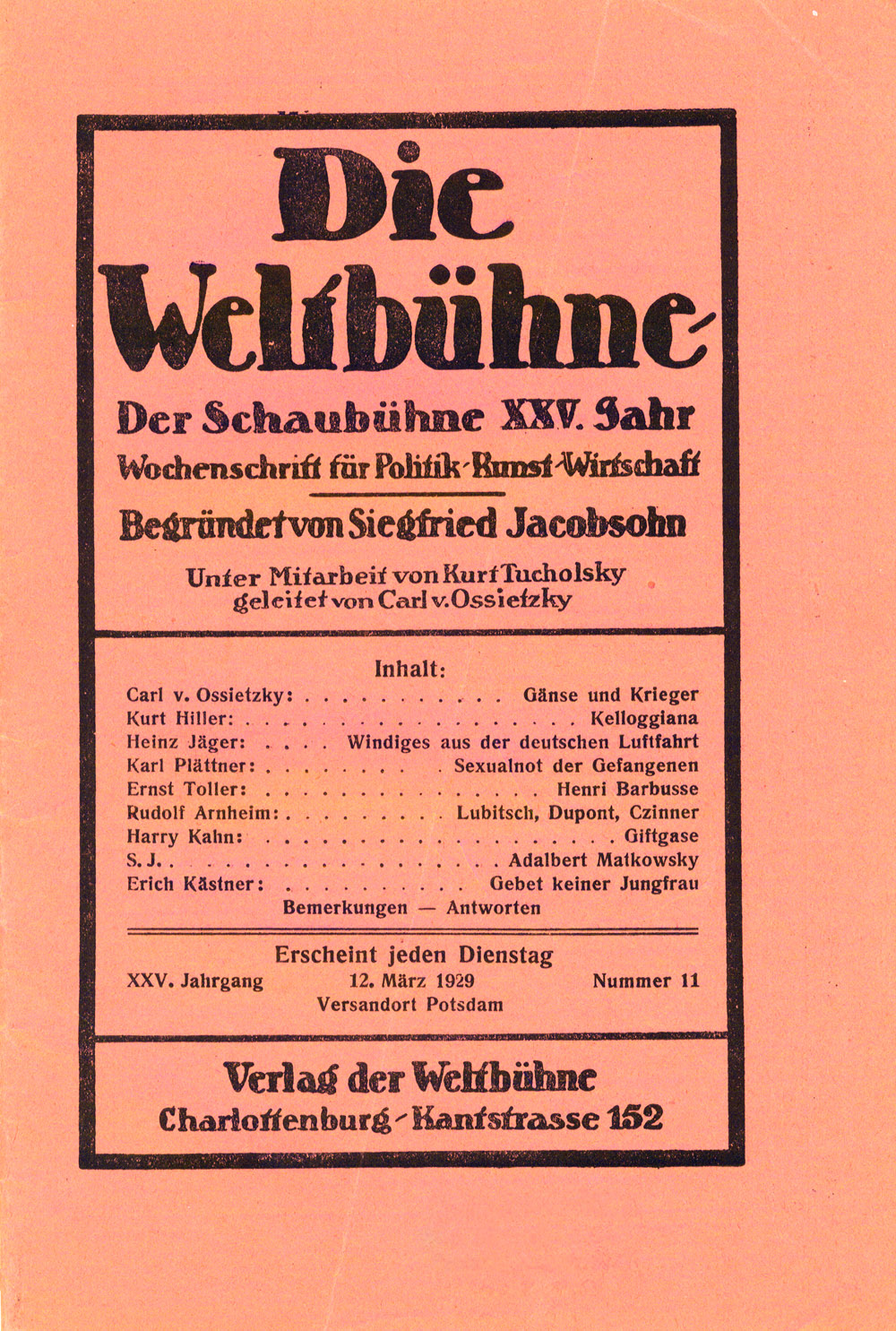 Umschlag der „Weltbühne“, hier vom 12. März 1929, Quelle: Wikimedia Commons, Lizenz: gemeinfrei