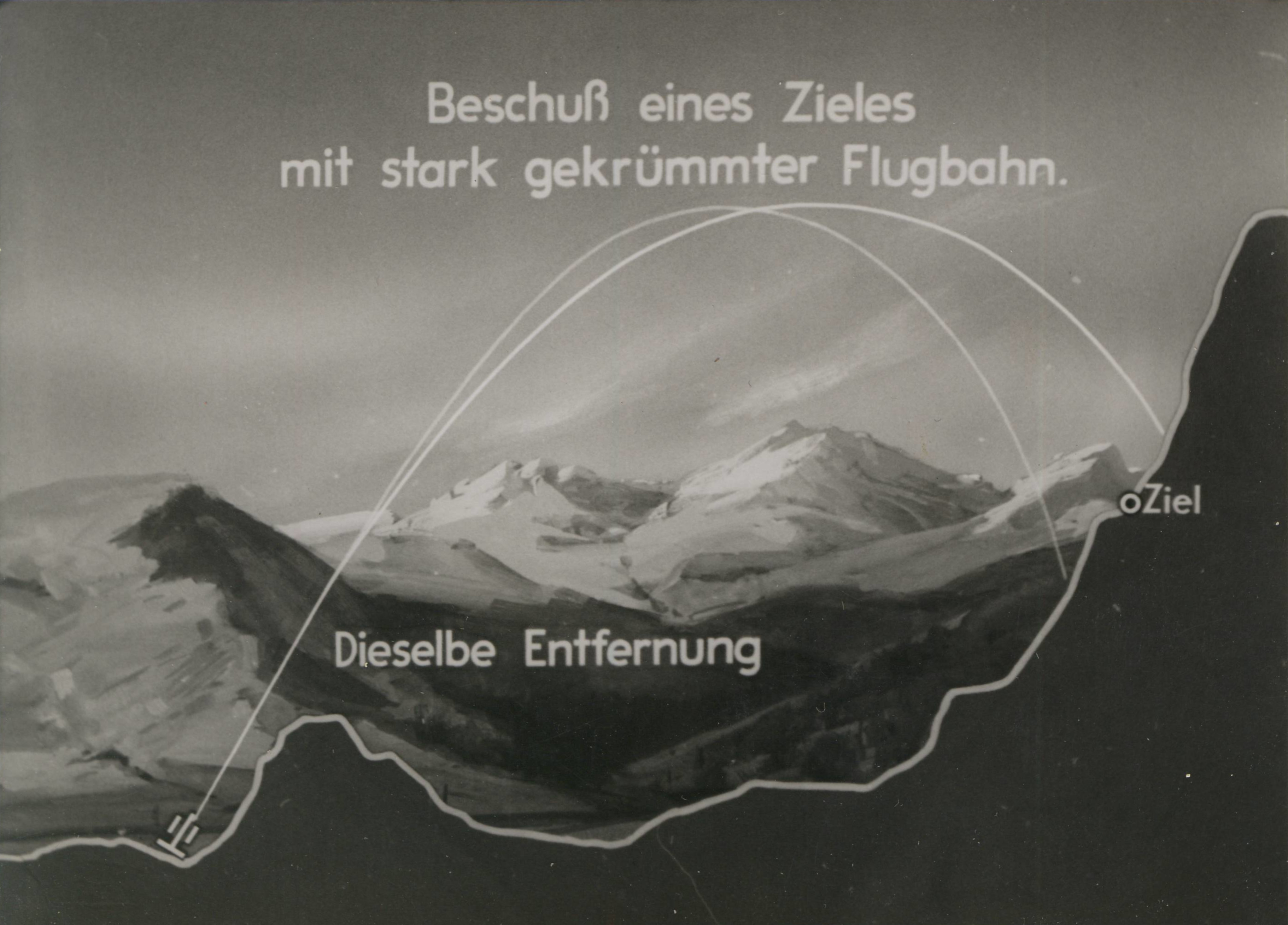Einzelbild aus einem militärischen Lehrfilm zur Schießausbildung, Darstellung der Ballistik von Geschossen. ©DIAF/Sammlung J. P. Storm