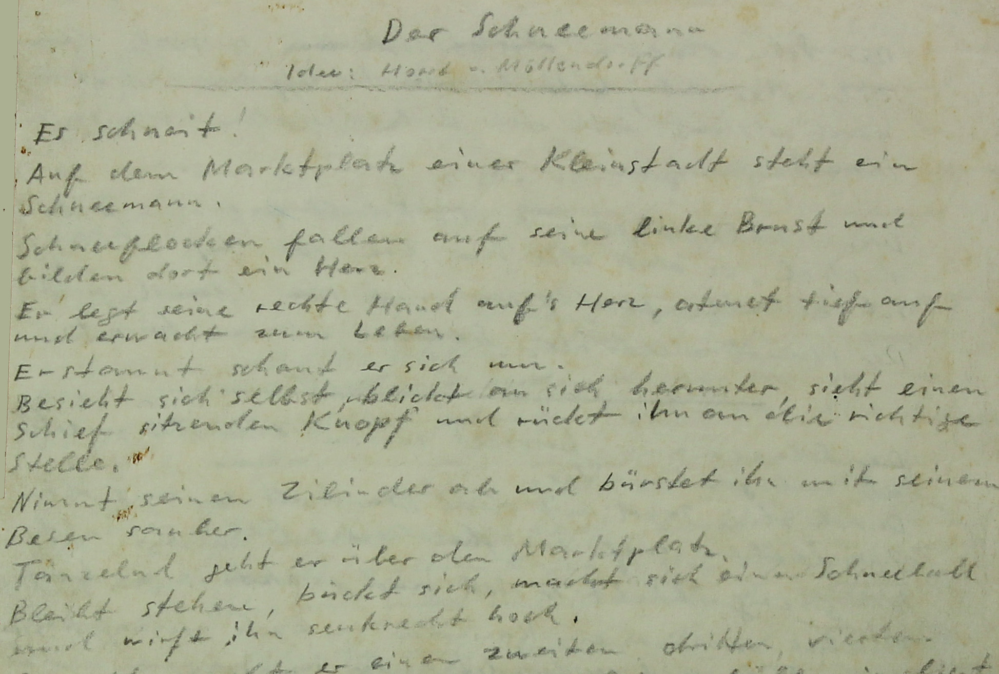Originalmanuskript von Horst von Möllendorff zu Der Schneemann (1944). ©DIAF/Sammlung J. P. Storm