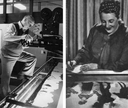Bruno Böttge und Lotte Reiniger bei der Arbeit an Silhouettenfilmen. ©DIAF/Nachlass Böttge/Gunter Hübner (l.), Wikimedia Commons, Lizenz: NA (r.)