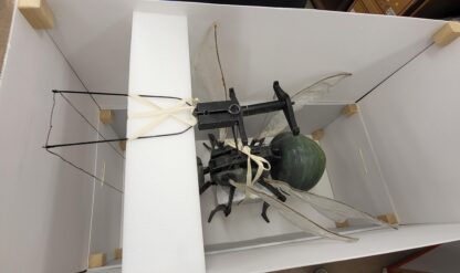 Diese Insekten-Marionettenfigur aus dem Bestand der Puppentheatersammlung Dresden lagert, befestigt mit Baumwollfäden und auf einem „Stütz-Podest“, in einem speziell zusammengebauten Karton. ©DIAF/Meier