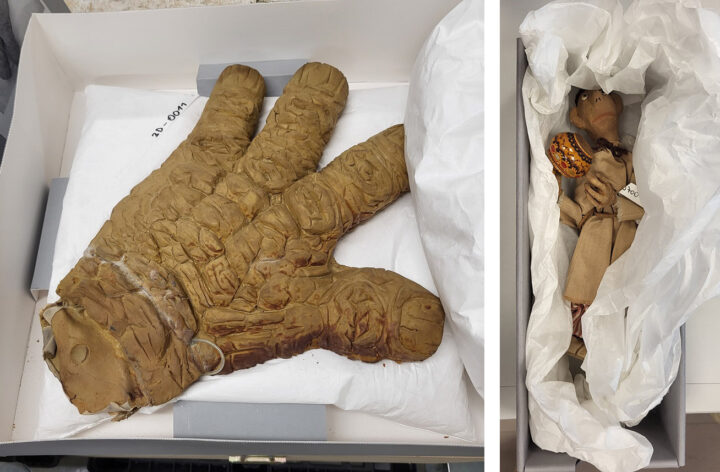Die Hand des Steinbeißers aus Die unendliche Geschichte und eine Animationsfigur aus dem Bestand des Filmmuseums Potsdam. ©DIAF/Meier